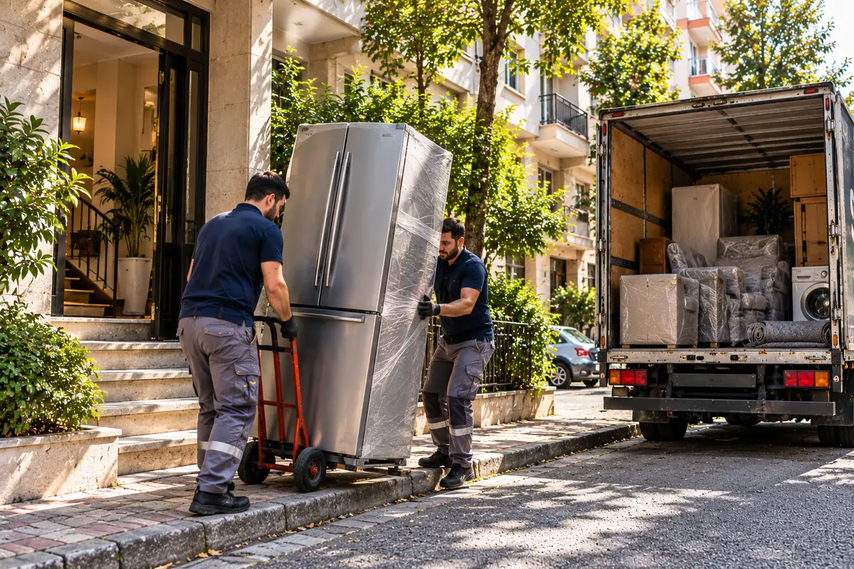 Taşıma ekibi koruma örtülü buzdolabını apartmandan çıkarıyor
